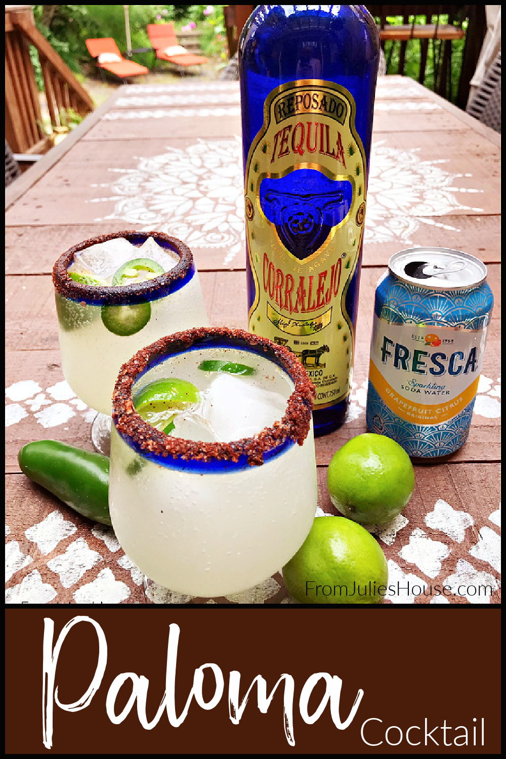 Today I'm sharing one of my very favorite cocktails - the Paloma. I make mine with reposado tequila, Fresca grapefruit soda, fresh lime and jalapeno, plus a chili/sugar/salt rim.