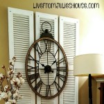 Artwork with Old Shutters - Make a focal point by layering old shutters from the ReStore with a large clock